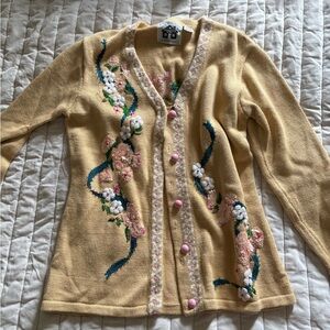 Storybook Knits Cream and Pink Floral Cardigan Sweater